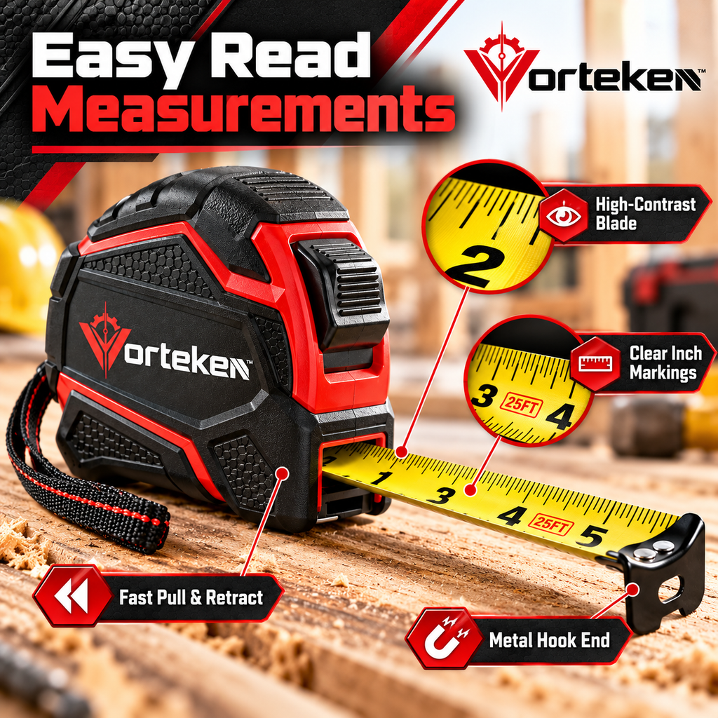 Vorteken™ Professional Heavy-Duty Tape Measure with 25FT/7.5M Steel Blade & Impact-Resistant Case