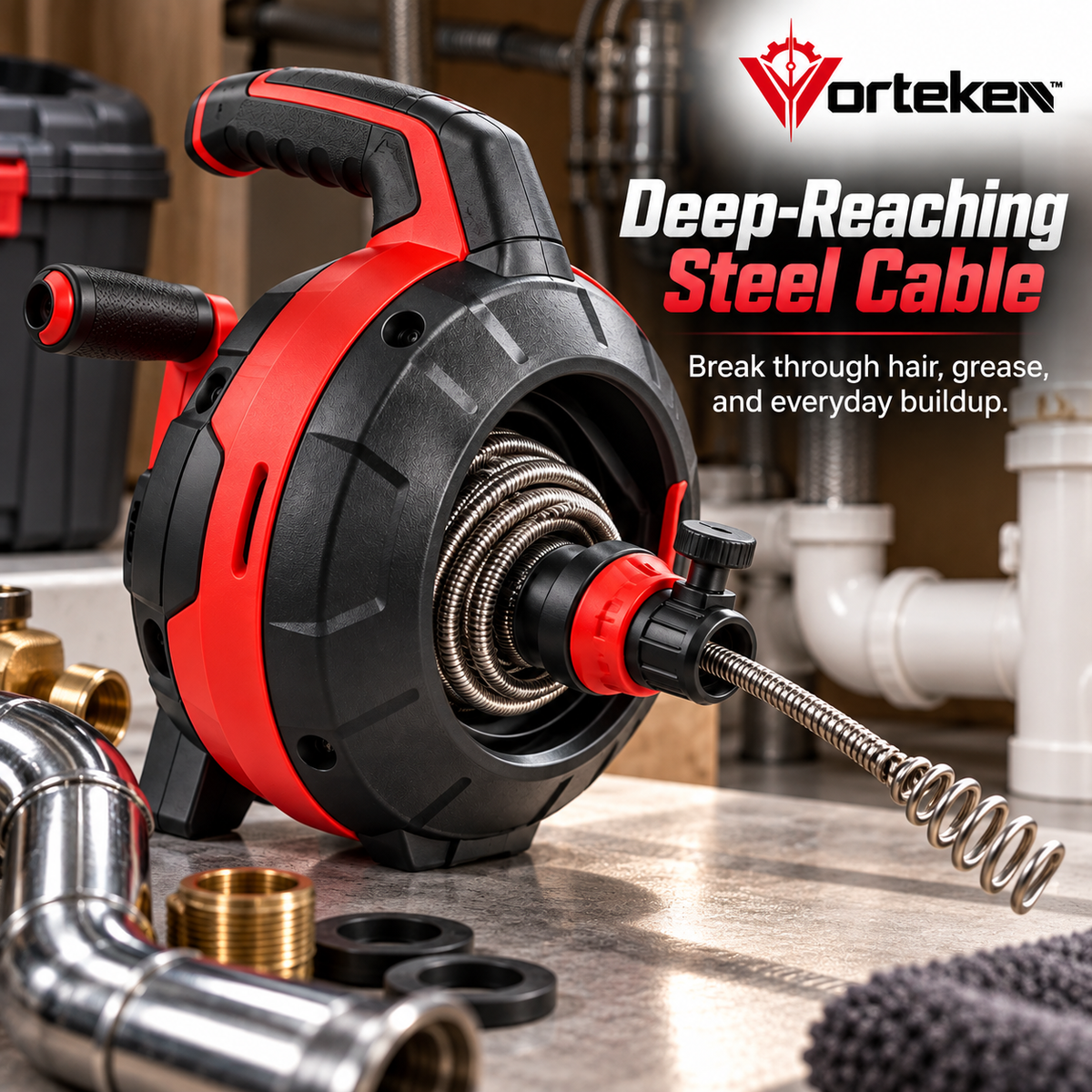 Vorteken™ Manual Drain Snake Auger Tool with Flexible Steel Cable & Hand Crank