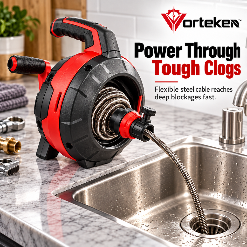 Vorteken™ Manual Drain Snake Auger Tool with Flexible Steel Cable & Hand Crank