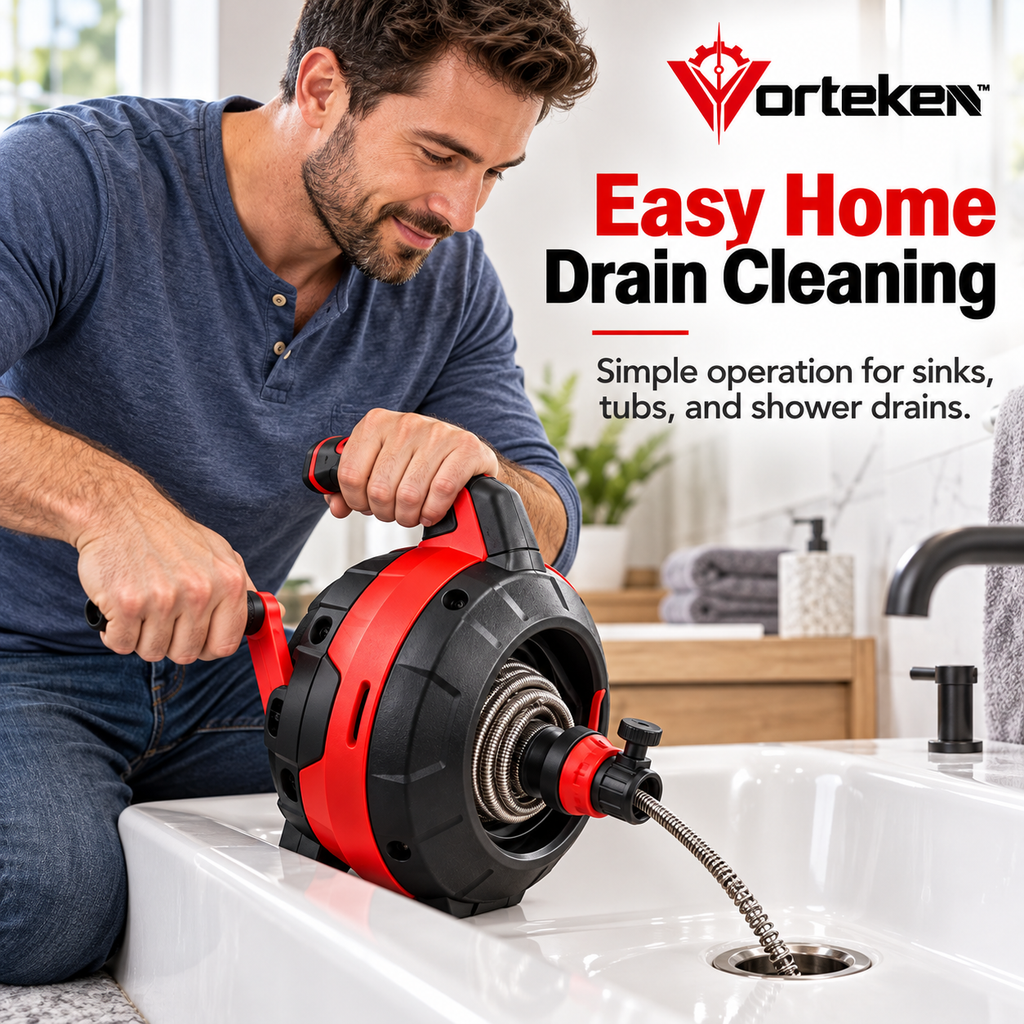 Vorteken™ Manual Drain Snake Auger Tool with Flexible Steel Cable & Hand Crank